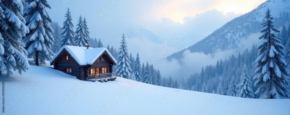 Snow-covered trees and a cabin in a misty valley, serene, tranquil, trees Snow-covered trees and a cabin in a misty valley, serene, tranquil, trees