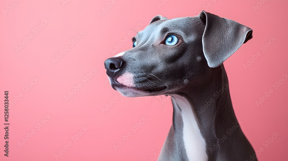 Italian Greyhound poses in profile against soft pink background, showcasing detailed grey and white coat texture and striking blue eyes in elegant portrait. Italian Greyhound poses in profile against soft pink background, showcasing detailed grey and white coat texture and striking blue eyes in elegant portrait.
