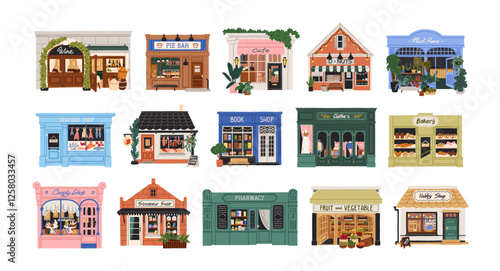 Small local shops, storefronts set. Mini stores, buildings. Bakery, boutique, cafe, pharmacy facades, exteriors, front view with showcases. Flat vector illustration isolated on white background