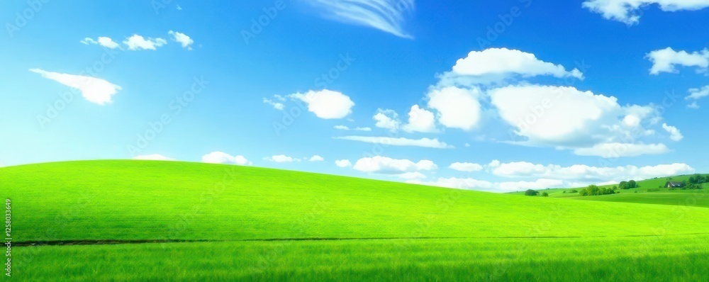 Vibrant green meadow under a vast blue sky dotted with fluffy white clouds , tranquil, grass Vibrant green meadow under a vast blue sky dotted with fluffy white clouds , tranquil, grass