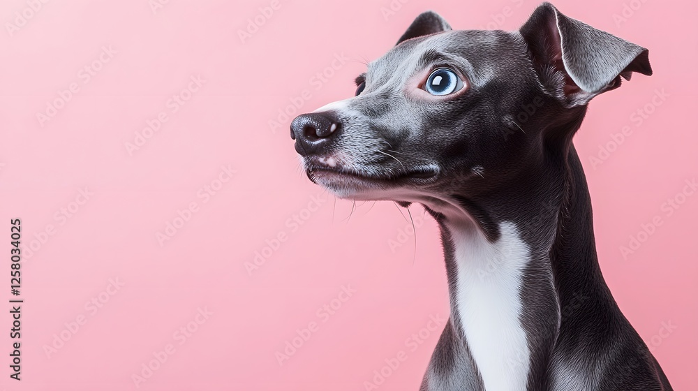 Italian Greyhound poses in profile against soft pink background, showcasing detailed grey and white coat texture and striking blue eyes in elegant portrait. Italian Greyhound poses in profile against soft pink background, showcasing detailed grey and white coat texture and striking blue eyes in elegant portrait.