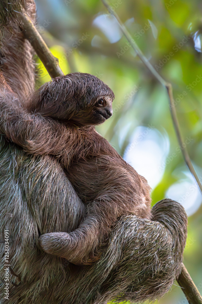 Obraz premium Baby sloth clinging to its mother in Costa Rica