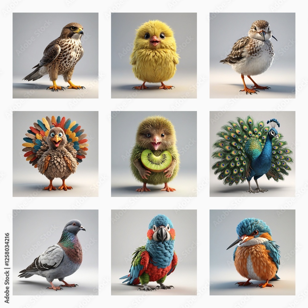Fototapeta premium Nine cute 3d bird models in a grid. Diverse avian species rendered with fluffy feathers and bright colors.