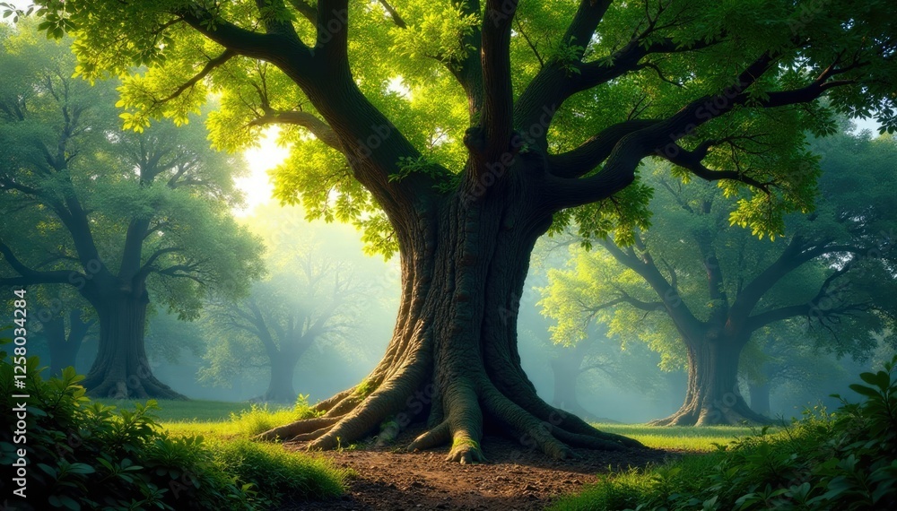 Fototapeta premium Towering trees with massive trunks and gnarled branches, growth, trunk