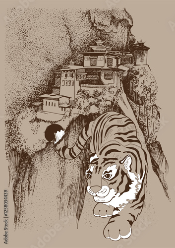 The beautiful temple of Tigers Nests in Bhutan. Line drawing of mountain landscape