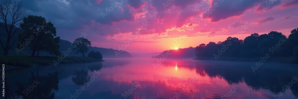 Fototapeta premium Twilight colors in calm river with trees along the shore, stillness, cloud, scenery