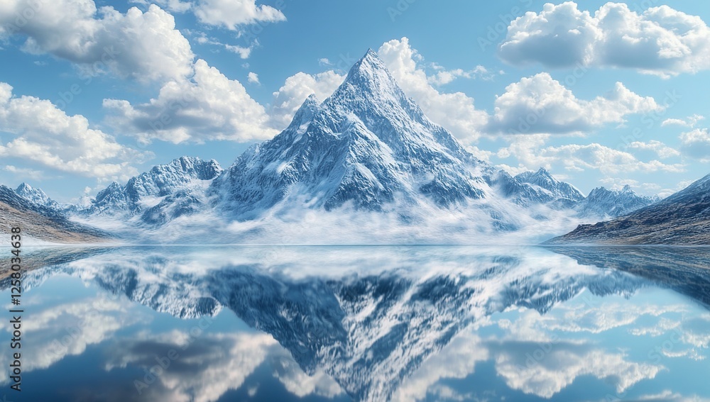 Fototapeta premium Majestic Snow-Capped Mountain Peak Reflects in Serene Lake Under a Blue Sky with Fluffy Clouds, Inspiring Tranquil Scenery