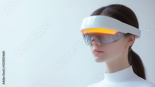 A woman wearing a futurist VR glasses