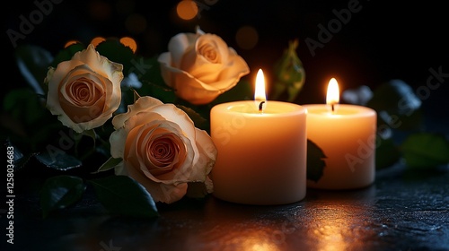 Burning candles and roses, dark background, sympathy