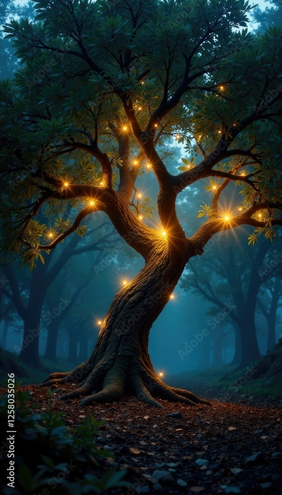 Twinkling lights adorn the branches of ancient trees, ancient, nature, forest Twinkling lights adorn the branches of ancient trees, ancient, nature, forest