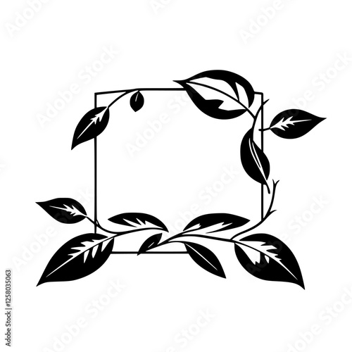 Elegant foliage design frame, with black leaves intertwined, surrounding a central square.