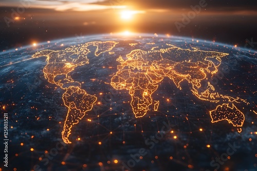 Illuminated World Map at Sunset - Global Connectivity and Technology Concept photo