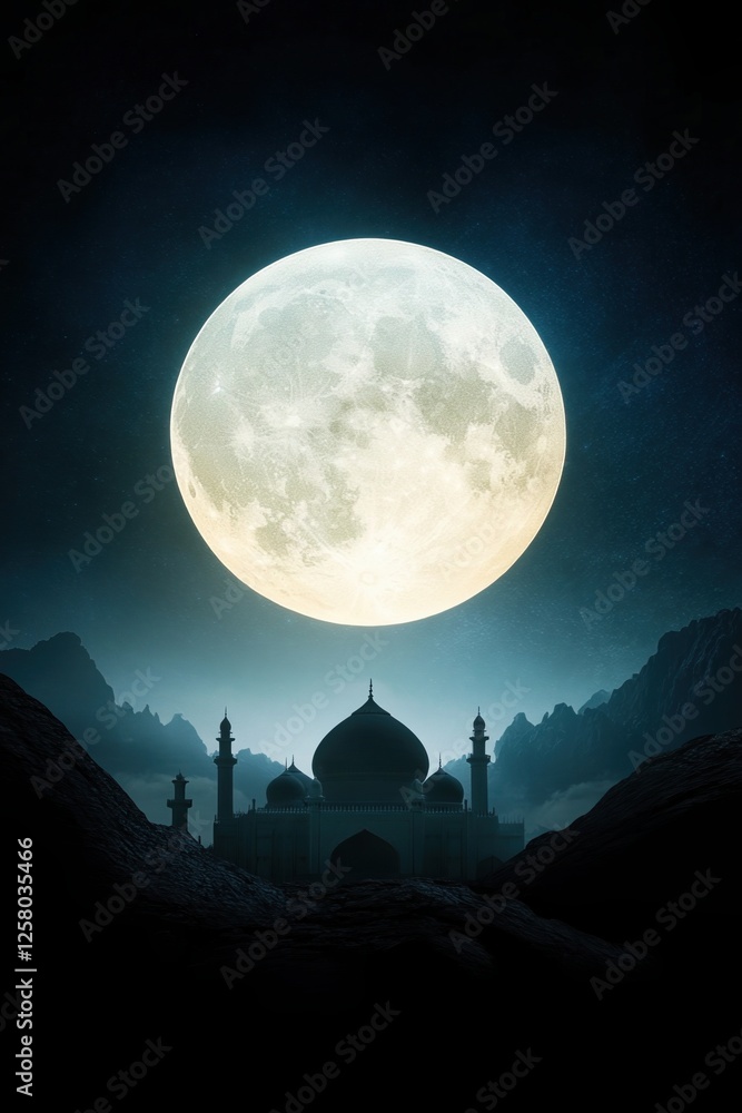 A majestic dome structure is silhouetted against a giant moon in a dark, mystical landscape. A majestic dome structure is silhouetted against a giant moon in a dark, mystical landscape.