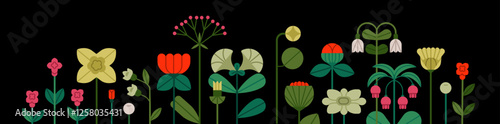Floral border with blooming flowers. Horizontal summer nature decoration. Botanical design, decor. Banner background with garden and field blossoms, leaves panorama. Flat graphic vector illustration