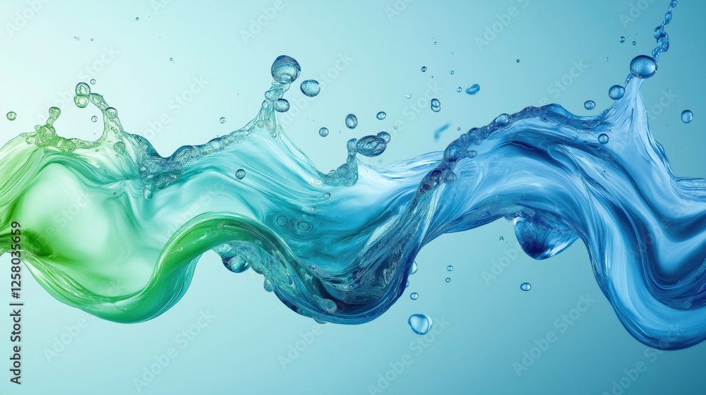 Flowing blue and green water with splashes and bubbles in smooth motion Flowing blue and green water with splashes and bubbles in smooth motion