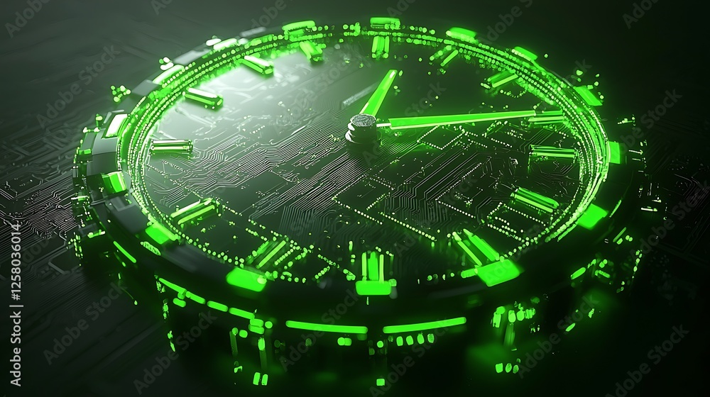 Naklejka premium A glowing green circuit board shaped like a clock face, dynamic energy lines pulsing across the surface, abstract futuristic artistic style, high-tech neon lighting, mood of cutting-edge innovation