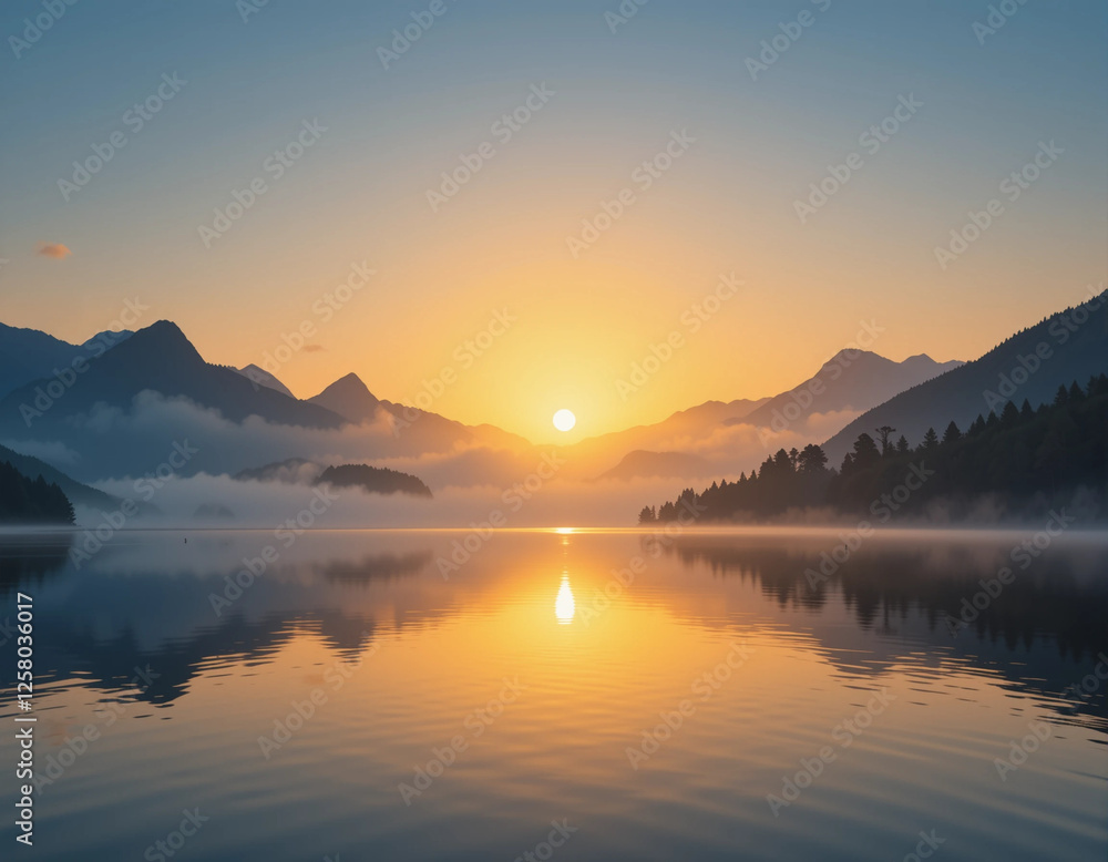Naklejka premium Tranquil Lake with Misty Mountains at Sunrise