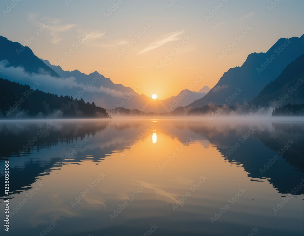 Fototapeta premium Tranquil Lake with Misty Mountains at Sunrise