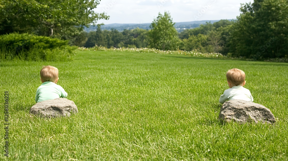 Children on Rocks Overlooking Grassy Field in Serene Landscape During Sunny Day Outdoors Children on Rocks Overlooking Grassy Field in Serene Landscape During Sunny Day Outdoors
