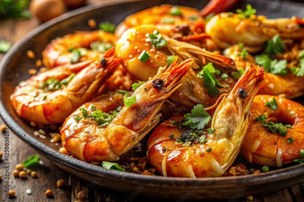 Crispy Fried Shrimp with Garlic - Close-up Stock Photo Crispy Fried Shrimp with Garlic - Close-up Stock Photo
