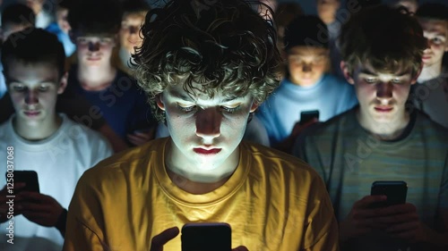 Cell phone addiction concept. Many teens hold smart device. Social media obsession. Online communication problem. People watch mobile gadget screen. Cyberspace internet network. Bad habit. Neon light.