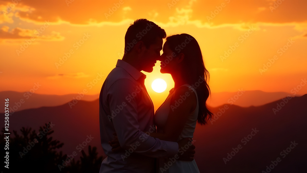 A tender moment is captured as a couples silhouettes hug, set against a breathtaking sunset A tender moment is captured as a couples silhouettes hug, set against a breathtaking sunset