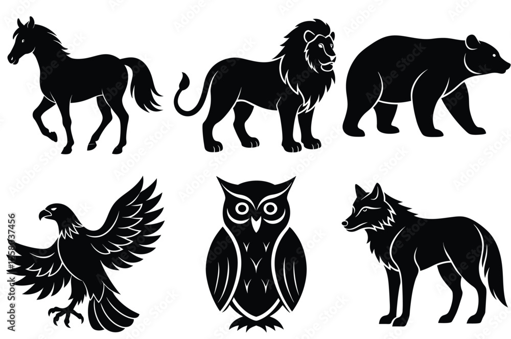 Obraz premium Bear lion dear eagle horse owl silhouette vector icon in white background 
