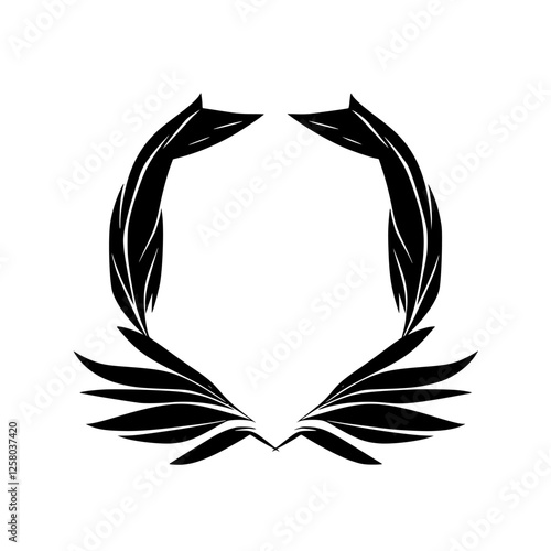 Abstract minimalist elegant black feather wreath with gold accents.