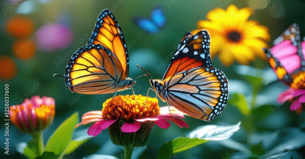 Fototapeta premium Two monarch butterflies rest on a vibrant pink and orange flower, their delicate wings glowing in sunlight. Lush green foliage and blurred blossoms enhance the serene scene