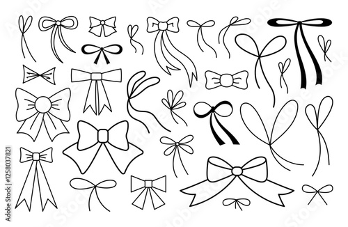 Hand drawn tied bows collection. Tied ribbons set in doodle style. Outline Decoration elements. Isolated on white. Vector