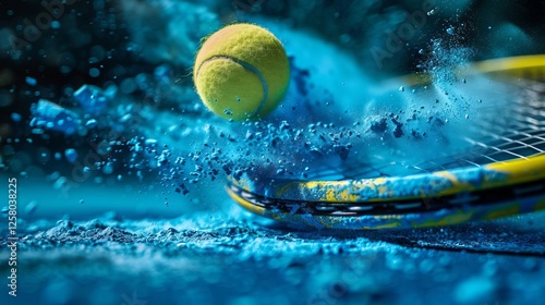 Dynamic Tennis Action Yellow Ball Striking Blue Powder Coated Racket