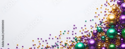 Designer frame with beads or garland in purple, green and yellow, traditional colors of Mardi Gras carnival, Decorative glossy realistic elements isolated on white background