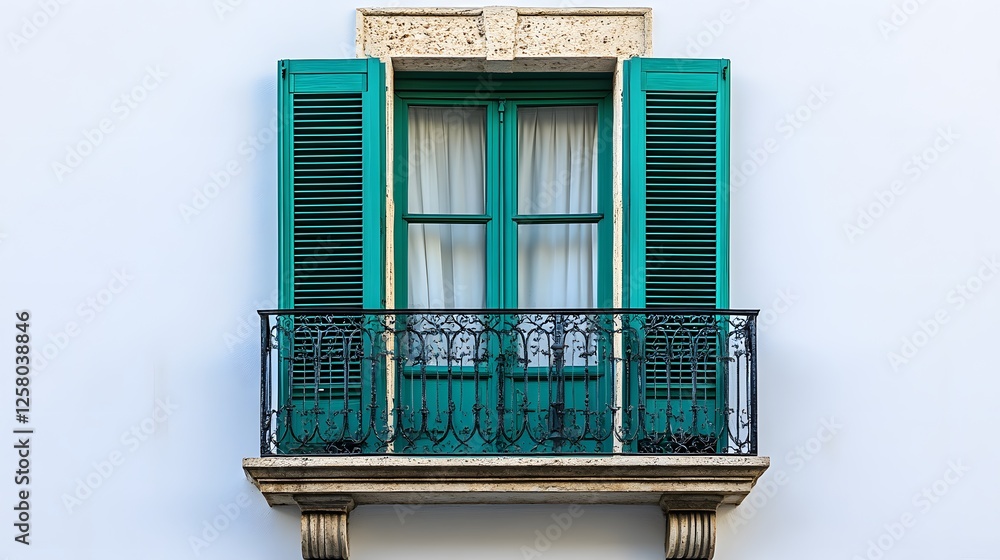 Obraz premium Traditional green window shutters contrast against pure white wall, featuring wrought iron balcony and classical European design with symmetrical louvered panels.