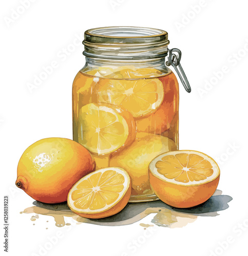 瓶漬けしたレモンの水彩風イラスト　生成AI