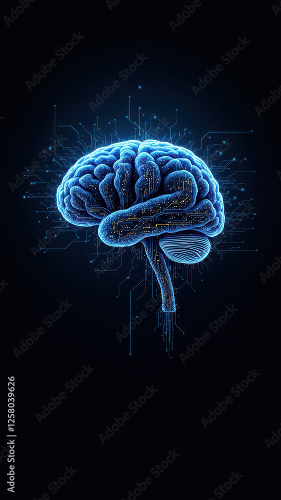 Obraz premium A detailed illustration of a human brain with futuristic elements such as digital patterns and circuit-like connections. It symbolizes artificial intelligence (AI) and advanced cognitive technology.