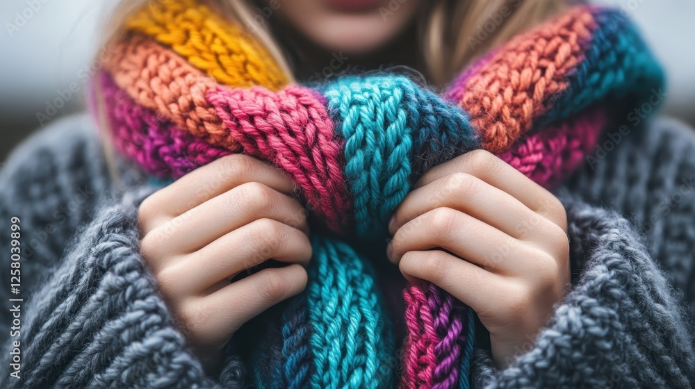 A close-up view of hands warmly holding a vibrant, hand-knit scarf, showcasing rich colors that embody comfort and style in a chilly atmosphere with soft textures. A close-up view of hands warmly holding a vibrant, hand-knit scarf, showcasing rich colors that embody comfort and style in a chilly atmosphere with soft textures.