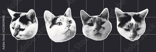 Retro Halftone Cat Faces on Dark Grid Background