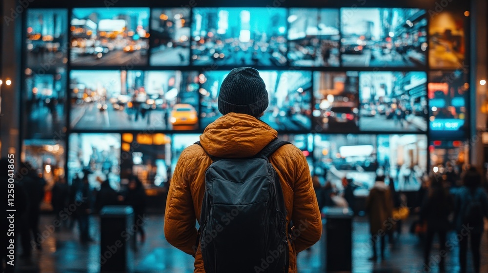 A person in a yellow jacket and backpack gazes at vibrant digital screens displaying urban scenes A person in a yellow jacket and backpack gazes at vibrant digital screens displaying urban scenes