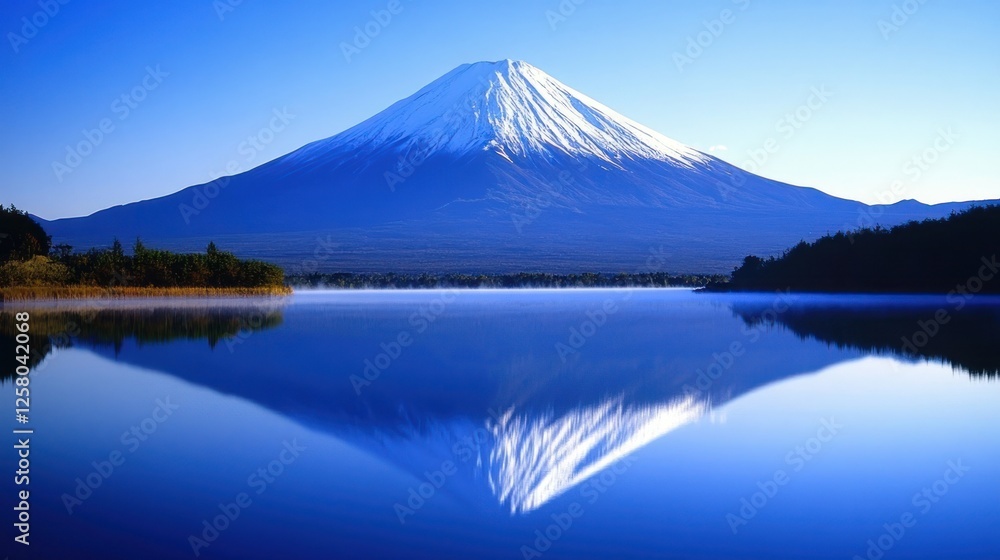 Majestic Mount Fuji's serene reflection on a tranquil lake in Japan Majestic Mount Fuji's serene reflection on a tranquil lake in Japan