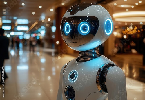 A futuristic robot with white color scheme, wearing the helmet of an astronaut, Futuristic AI Robot with Advanced Technology, Glowing Blue Eyes, Sleek Metallic Design, Humanoid Cybernetic Assistant,