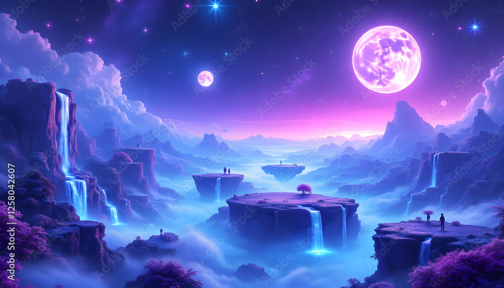 Fototapeta premium A Mystical, Otherworldly Landscape with Floating Islands and Waterfalls. A breathtaking digital painting of a surreal, fantasy landscape