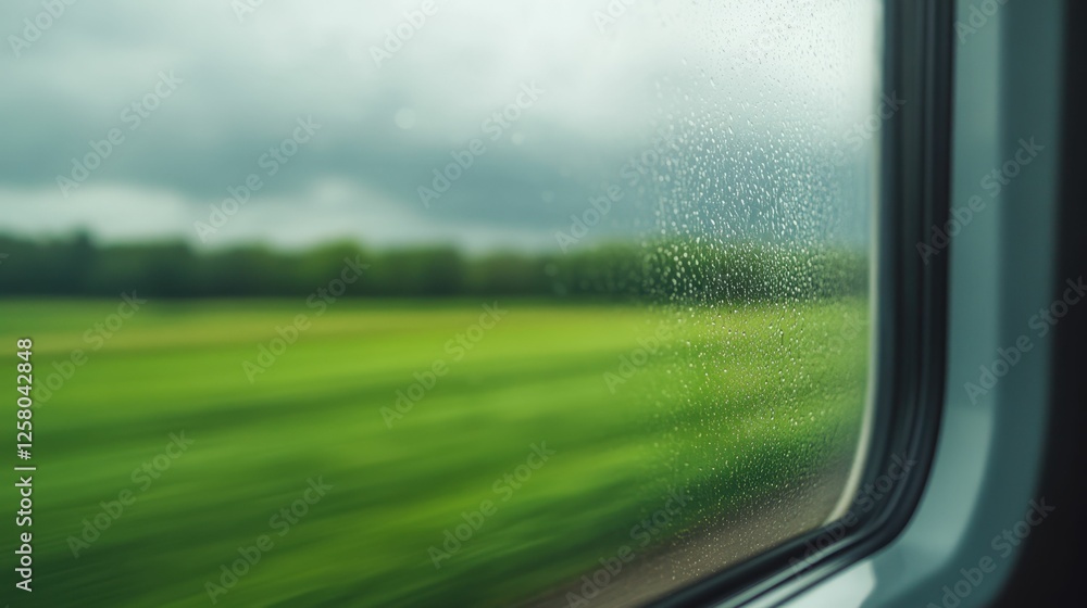 Fototapeta premium Serene view of rainy countryside from train window