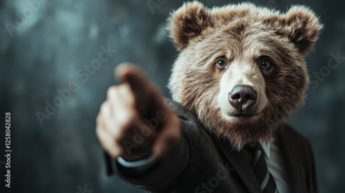 This striking image features a bear dressed in a suit, pointing confidently, blending humor with an authoritative presence in a whimsical, artistic portrayal. photo