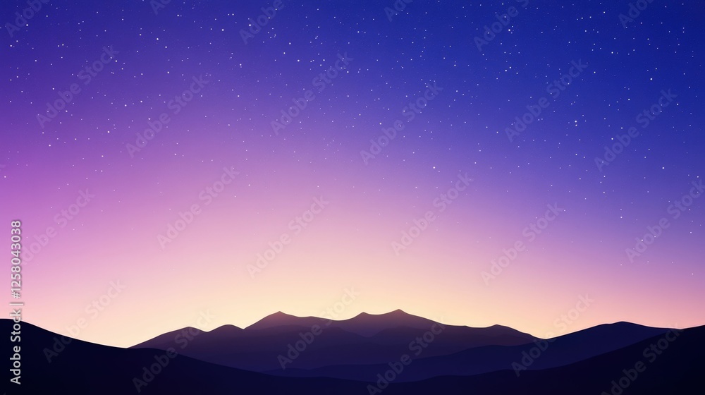 Tranquil mountain landscape at twilight with starry sky Tranquil mountain landscape at twilight with starry sky