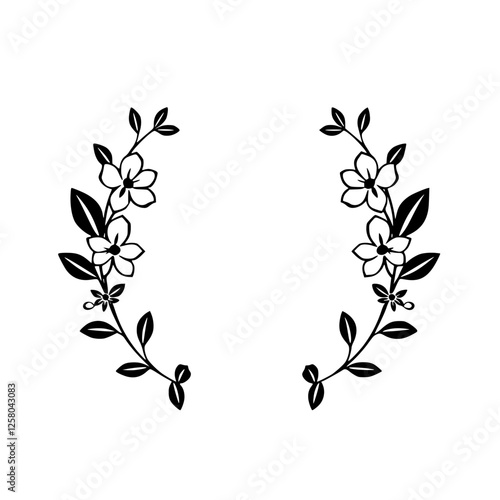 Black and White Floral Design: A symmetrical arrangement of two floral arrangements framing empty space, representing nature.