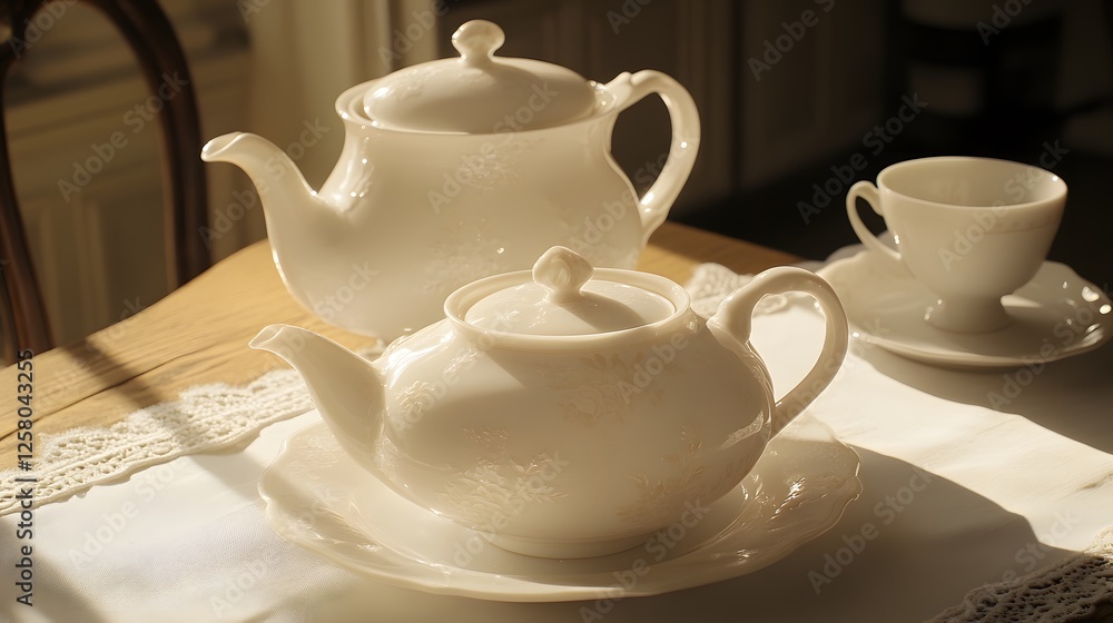 Elegant White Tea Set on Wooden Table, Sunlit Porcelain Teapot and Cup Elegant White Tea Set on Wooden Table, Sunlit Porcelain Teapot and Cup