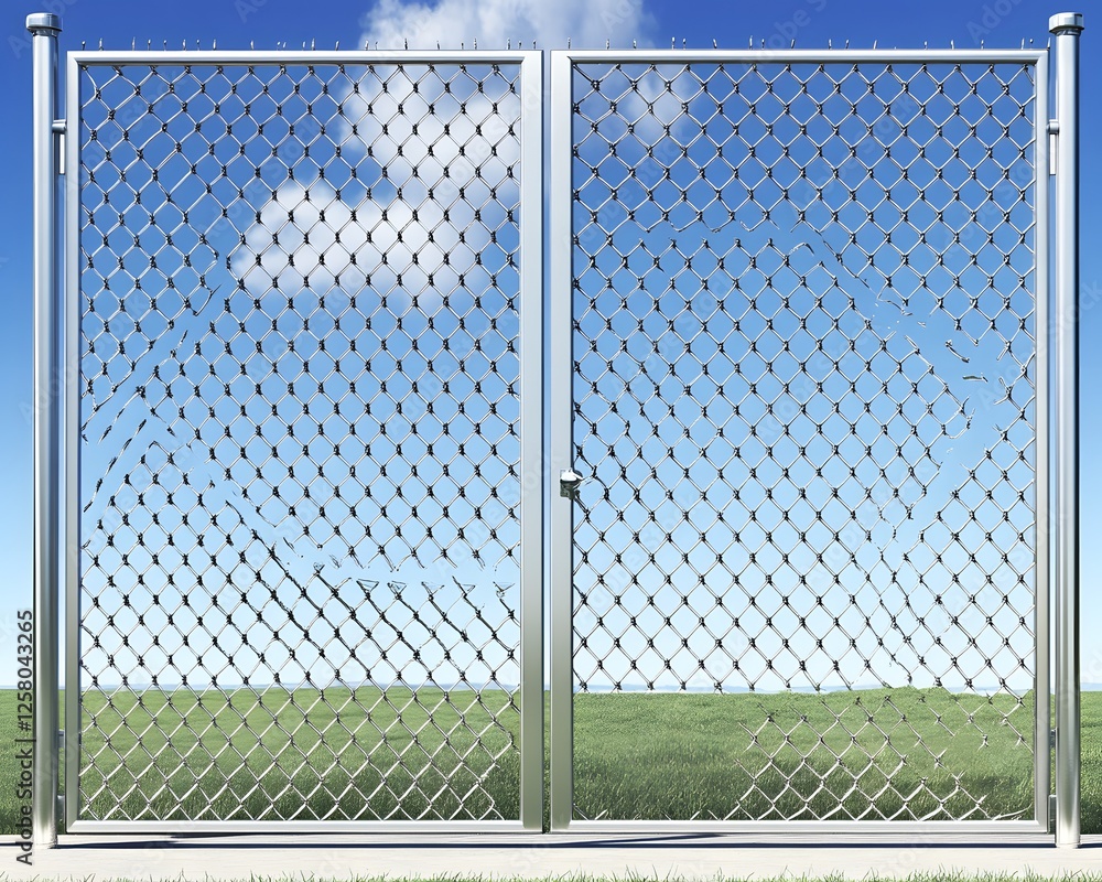 Broken Chain Link Fence Gate- Damaged Metal Barrier Outdoors Broken Chain Link Fence Gate- Damaged Metal Barrier Outdoors