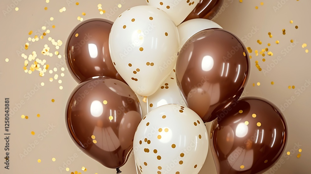 Elegant photo of brown and white balloons with golden confetti on a beige background, perfect for birthday party promotions.