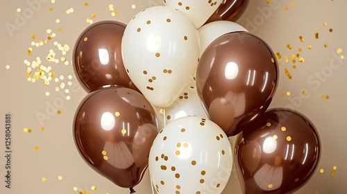 Elegant photo of brown and white balloons with golden confetti on a beige background, perfect for birthday party promotions.
