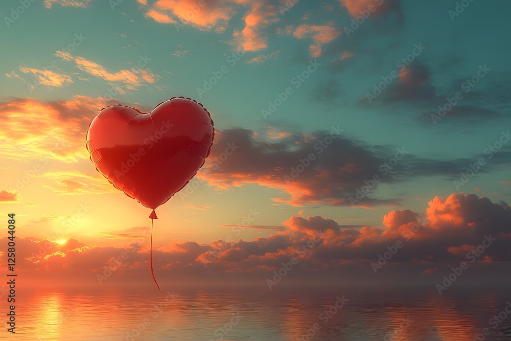 Obraz premium Heart-Shaped Balloon Floating at Sunset Over Tranquil Ocean for Romantic Decor